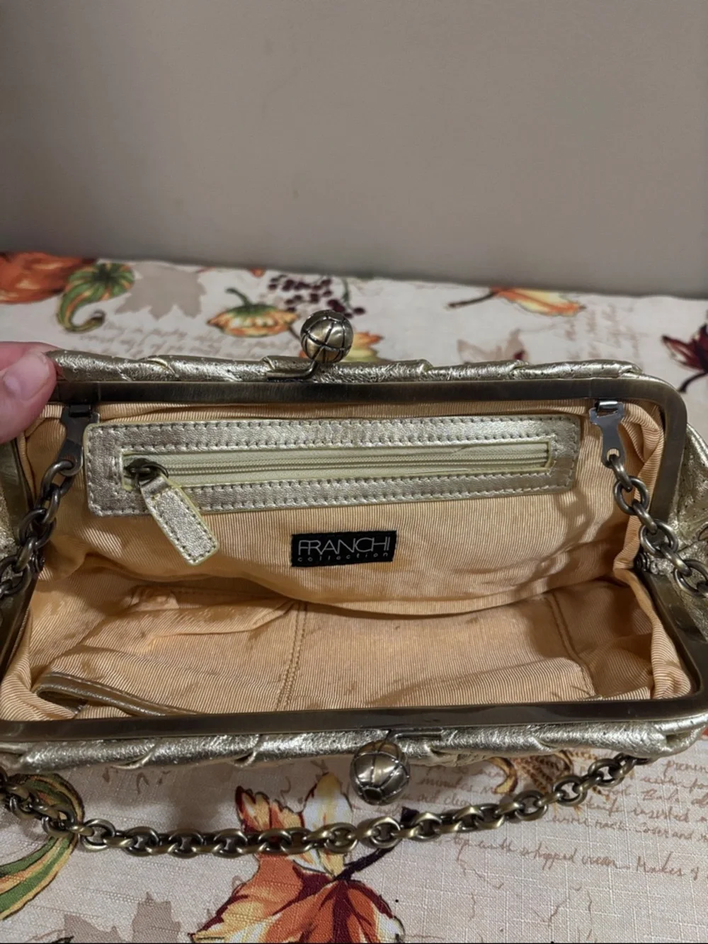 Gold Metallic Chain-Handle Evening Clutch